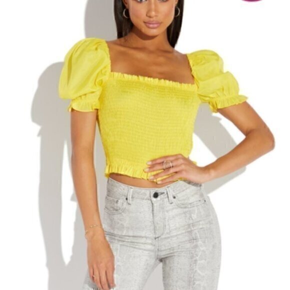 Hem & Thread Crop Top Womens Size Medium Yellow Short Puff Sleeves Blouse New - Picture 1 of 9